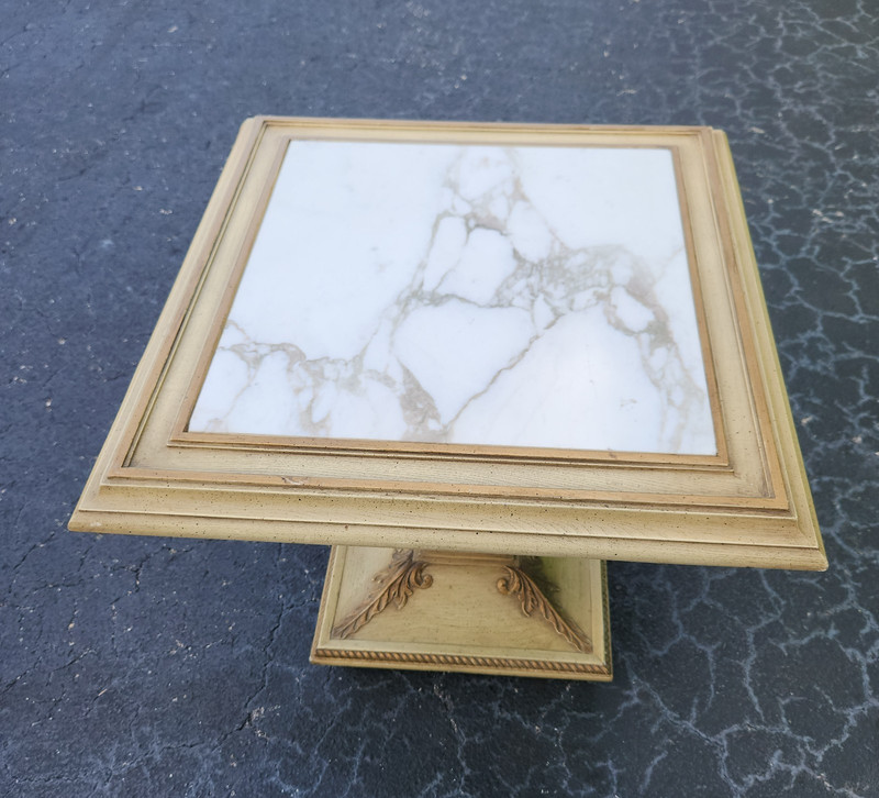 VTG Provincial Style Side Table Carved Pedestal Wood Base with Square Marble Top gallery