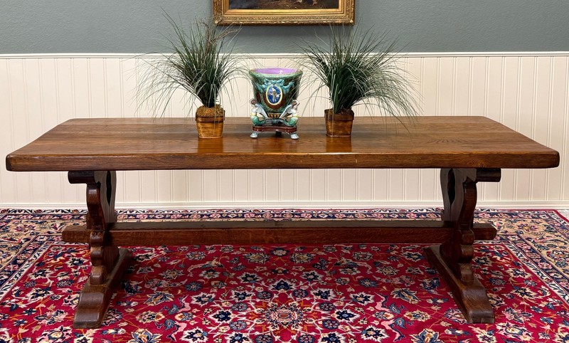 Antique French Country Farm Dining Table Farmhouse Trestle Base Oak 87"W gallery