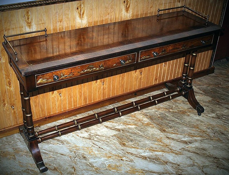 Vintage Entryway Table Hekman Burl wood & Mahogany Chinoiserie Decorated Entry H gallery