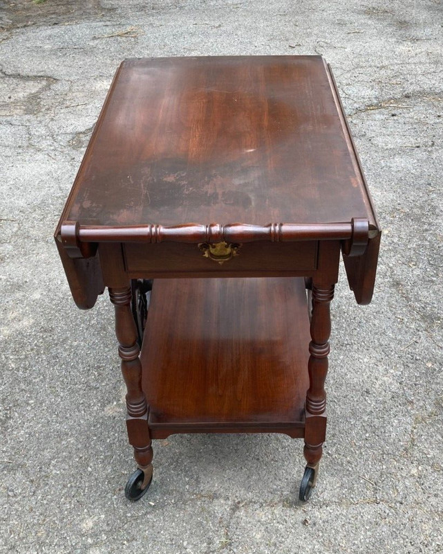 ANTIQUE WALNUT FINISH WOOD DROP LEAF TEA BAR SERVING CART VINTAGE – RARE!!