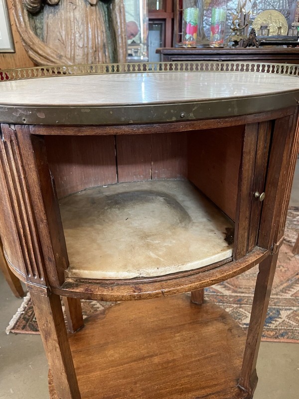 Early 19th Century French Oval Fruitwood Marble Top Side Table w/ Tambour Door gallery