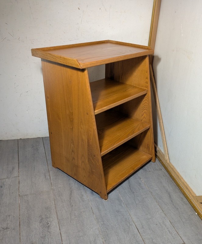 Vintage Mid Century Modern Oak Wood Telephone Table Slanted Nightstand Shelf B gallery