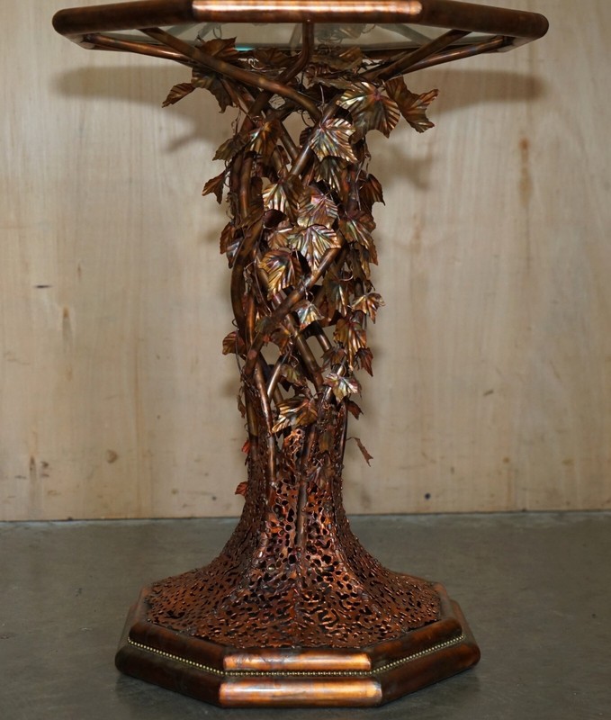 STUNNING & UNIQUE PAIR OF VINTAGE 1960'S ITALIAN COPPER FLORAL SIDE END TABLES gallery