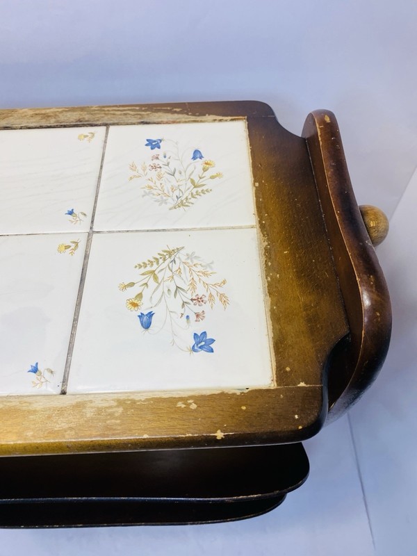 VINTAGE ELEGANT WOODEN SIDE TABLE WITH TILED TOP GERMANY 1960S RARE VERY NICE gallery