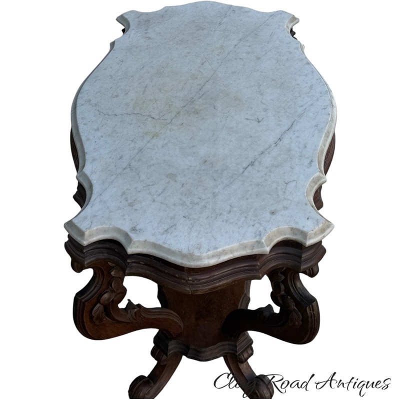 antique Victorian Marble Top Parlor Table Carved Dog Turtle 1870 gallery
