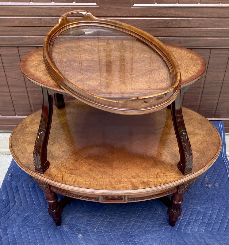 Antique 2-Tier Mahogany & Oak Table With Removable Serving Tray Top & Pullouts gallery