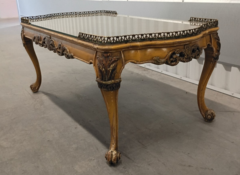 Ornate Hand Carved Wood FRENCH STYLE Inlaid Top Coffee Table with Glass Top