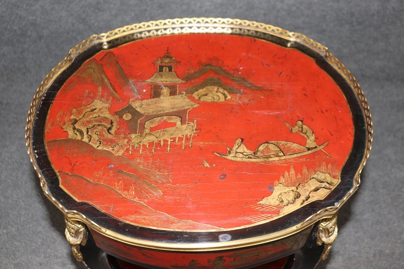 French Louis XV Bronze Mounted Red and Black Lacquer Chinoiserie End Table Stand gallery