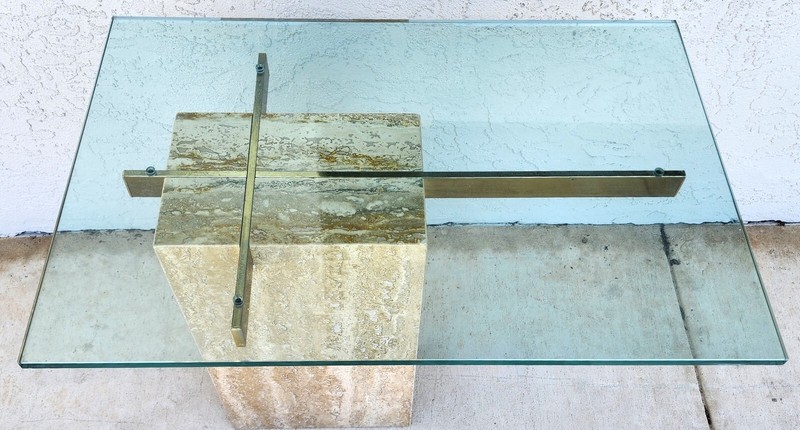 Travertine Side Table Marble Glass by ARTEDI 1970s gallery