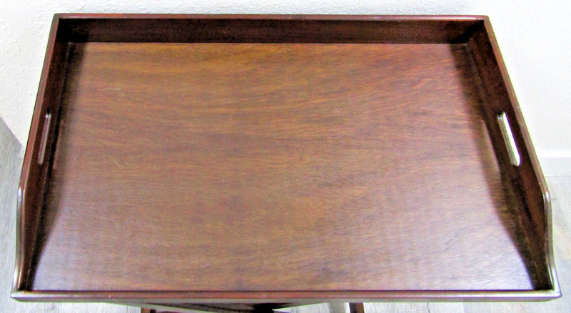 Mid 20th Century Vintage English Butler's Mahogany Tray Table With Folding Stand gallery