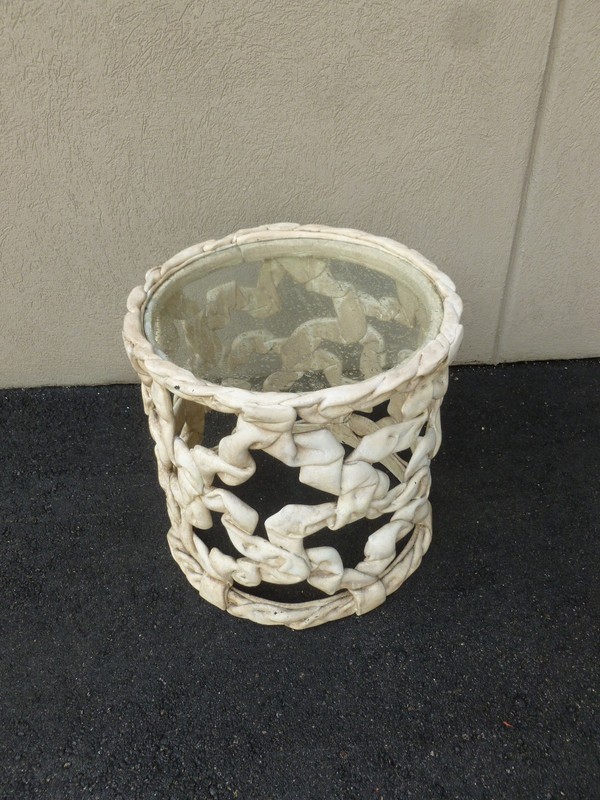 STYLISH 70'S HOLLYWOOD REGENCY CRUMPLED RESIN STRIP DRUM TABLE -P gallery