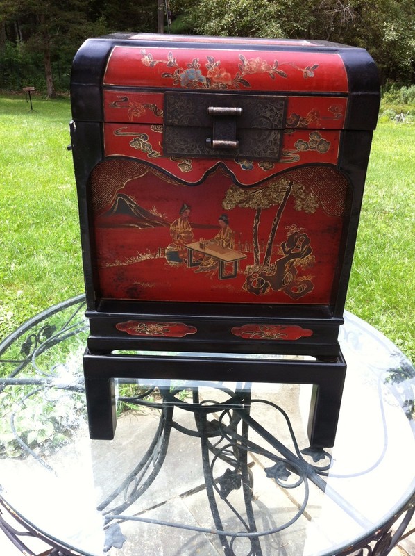 Chest on Stand Red Chinoiserie Painted Oriental Style Box Lidded