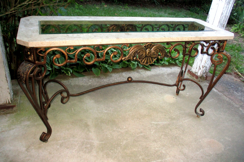 GORGEOUS! Vintage French Ornate Iron with Marble and Glass Top Console Table