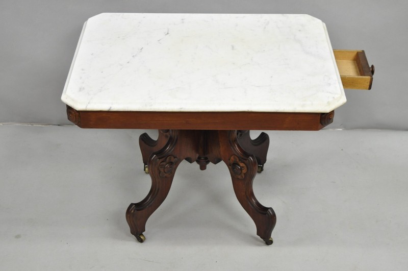 Antique Eastlake Victorian Small Marble Top Pedestal Base Coffee Table w/ Drawer gallery