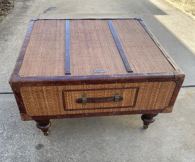 Stiles Bros Safari Line Cocktail Table Mahogany Rattan Leather Brass 1880s Style