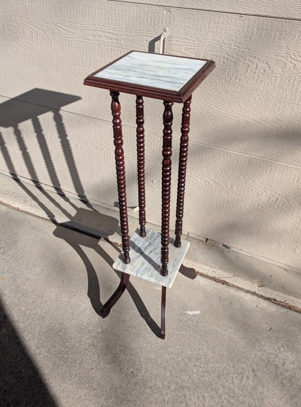 Vintage Marble Top 2-Tier Pedestal Table Bobbin Turned Wood Legs Victorian H63
