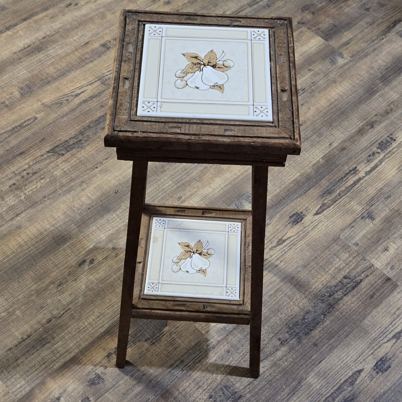 Vintage Plant Stand Side Table Ceramic Tiles French Fig & Pear, Hand Carved Wood gallery