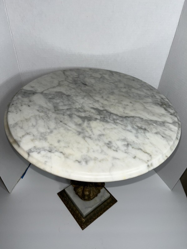 HOLLYWOOD REGENCY Italian Marble Table Brass Dolphin Base 16.5" gallery