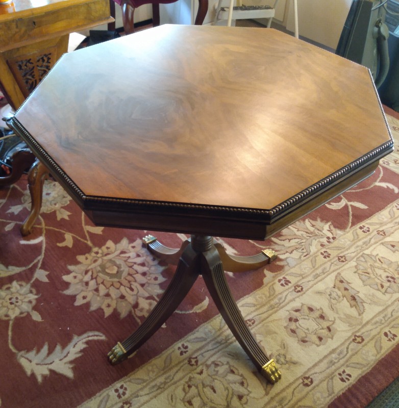 DUNCAN PHYFE-STYLE OCTAGONAL WALNUT TABLE c 1910. BRASS CLAW FEET, BEAD TRIM