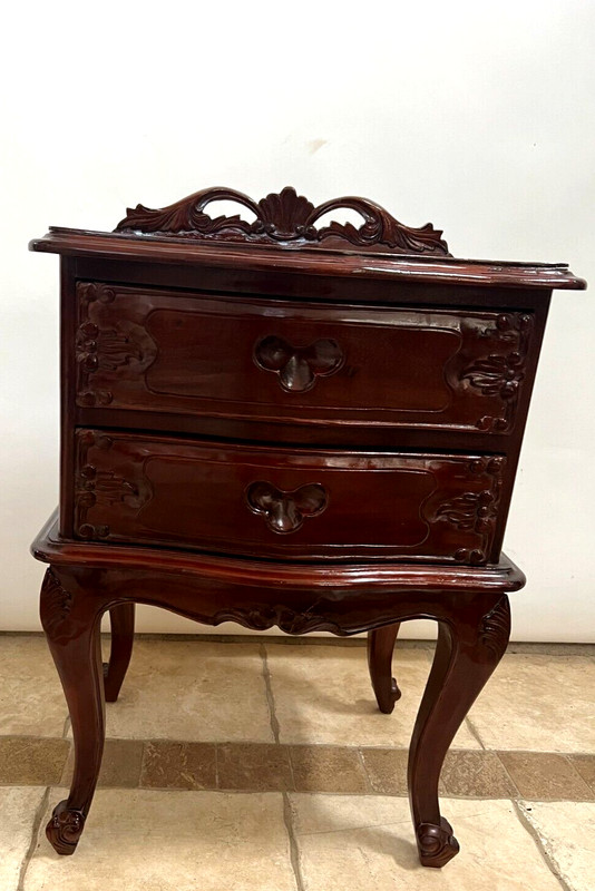 Vintage Table Nightstand Two Dovetail Drawers French country Carved Mahogany gallery