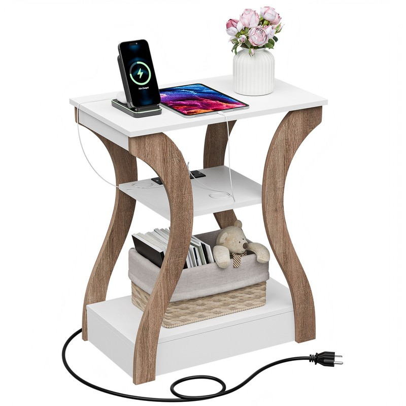 End Table w/Charging Station Narrow Nightstand Side Table with 3 Shelves White gallery