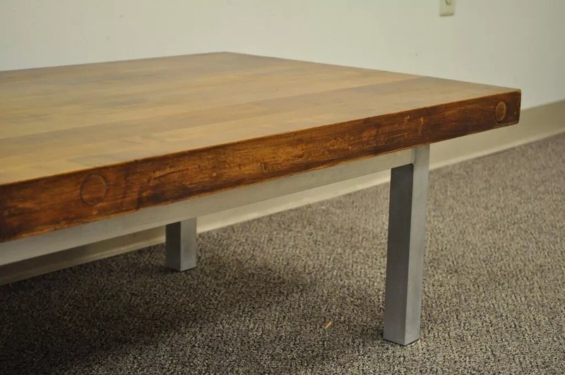 Vintage Industrial Modern Reclaimed Butcher Block Aluminum Base Coffee Table gallery