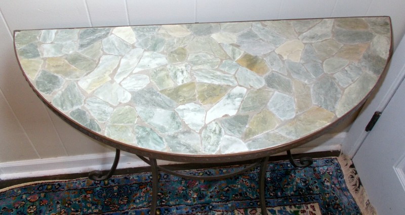 Vtg ROCK STONE MOSAIC CONSOLE Accent TABLE Demi Lune Wrought Iron Villa Garden gallery