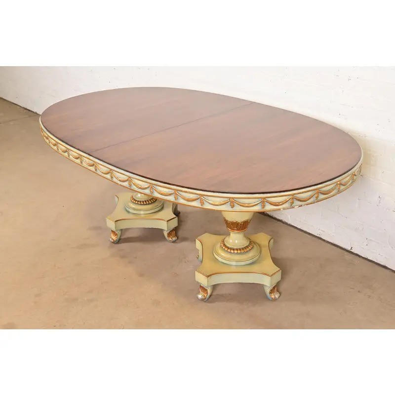 Karges Style Italian Regency Walnut Pedestal Extension Dining Table, Circa 1940s gallery