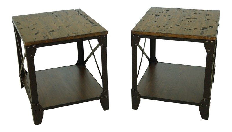 53369EC: Pair Distressed Wood & Metal Industrial End Tables
