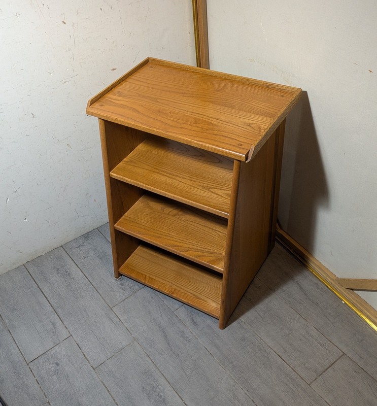 Vintage Mid Century Modern Oak Wood Telephone Table Slanted Nightstand Shelf B gallery
