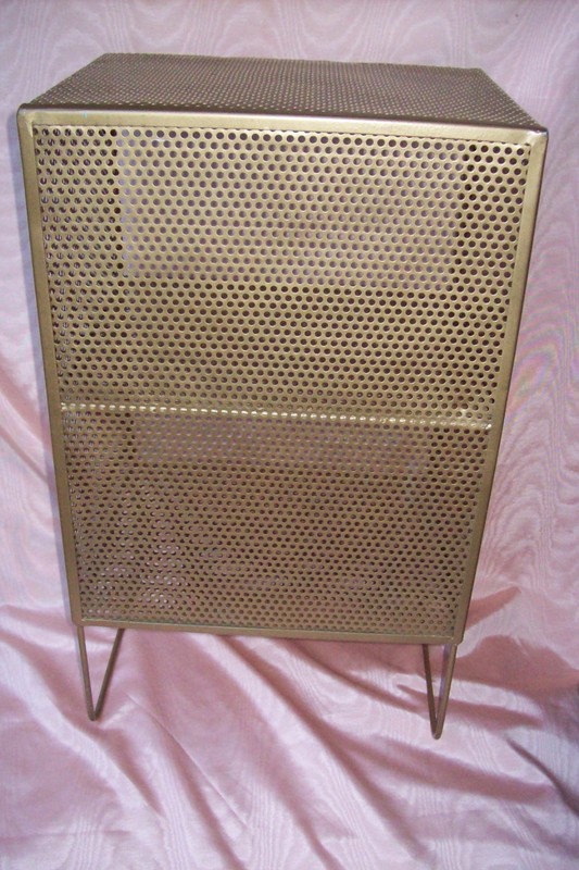 MID CENTURY MODERN PERFORATED HOLES GOLDTONE METAL END TABLE STAND w/ 2 SHELVES gallery