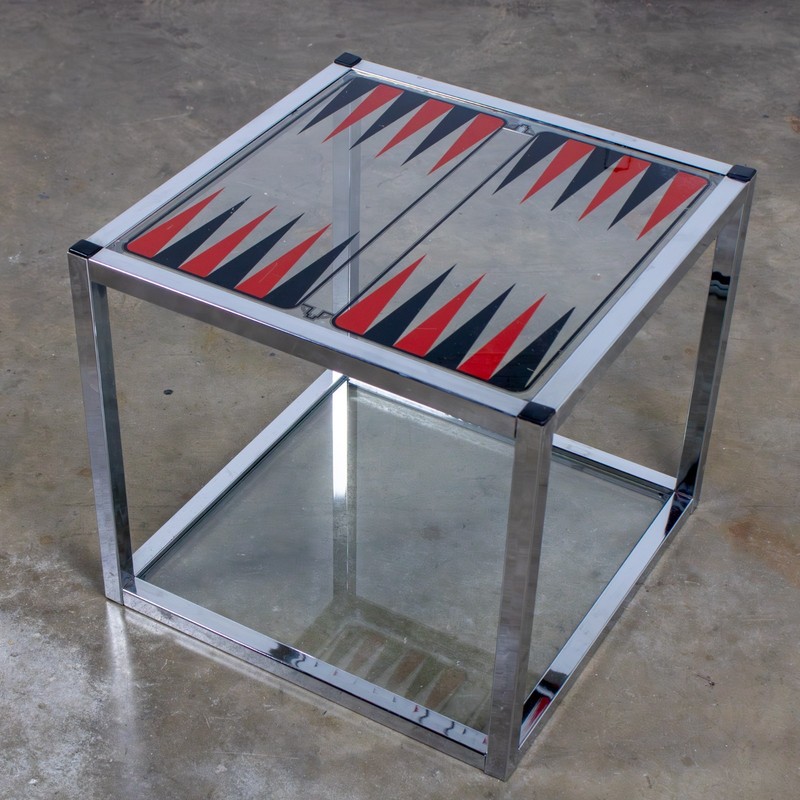 Mid-20th MCM Game End or Side Table Chrome Cube Frame & Backgammon Glass Top gallery