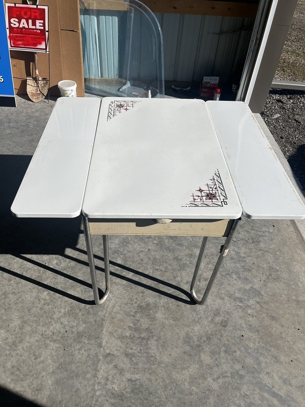 Vintage Porcelain Enamel Top Table w/ Slide Outs Black White Red With Chrome Leg