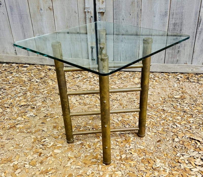 Vintage Antique Brass Adjustable X Base Tall Side End Table Glass Top gallery