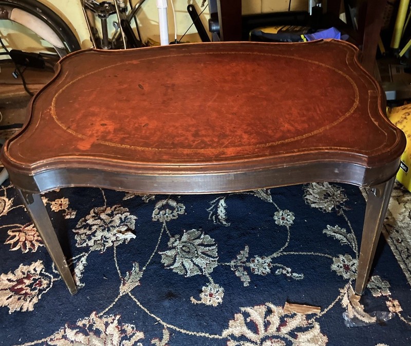 Vintage Mahogany Louis XV Style Table with Red Brown Gold Embossed Leather Top