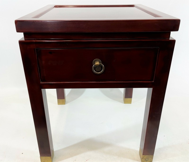 RARE Vintage THANH LE Vietnam Pair 19" Red Lacquer Wood Brass Side End Tables gallery
