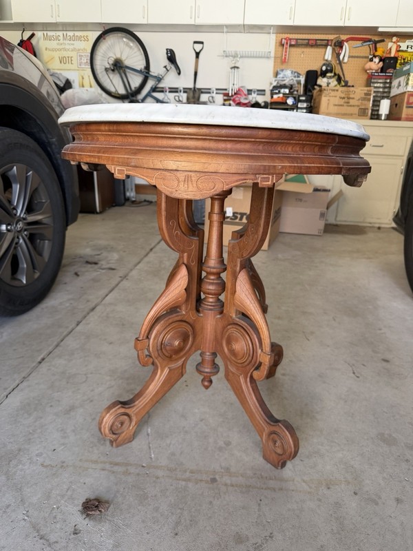 H. Closterman Victorian Antique Marble Top Accent Table with Carvings, Original