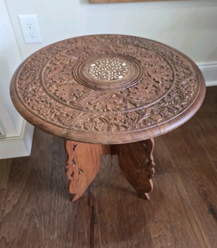 Antique Wood Engraved Round Accent Table Anglo-Indian Fold Away Side Vintage