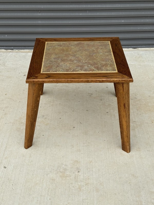 Pair Mid Century Modern HANDMADE Ranch Oak & Inlaid Ceramic Tile Top Side Tables gallery