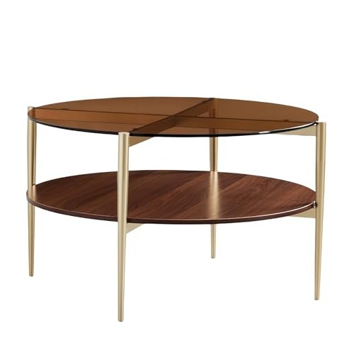Mid-Century Modern Round Glass Coffee Table, 2-Tier Amber Top, Walnut Shelf, Gol gallery