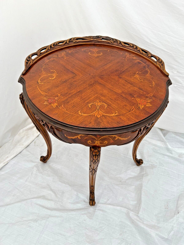Antique French Table Entry Stand Round Top Floral Hand cut Inlays and fret work gallery