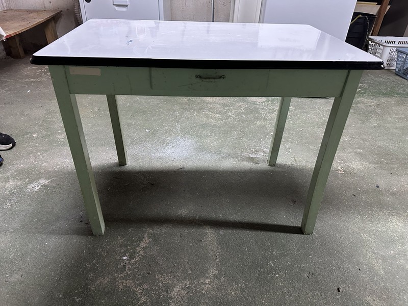 Vintage Mid-Century Porcelain Enamel-Top Kitchen Table with Green Painted Base a gallery