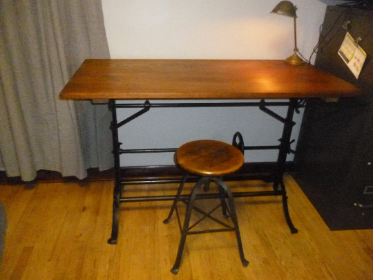 Vintage Industrial Drafting Table with Cast Iron Base