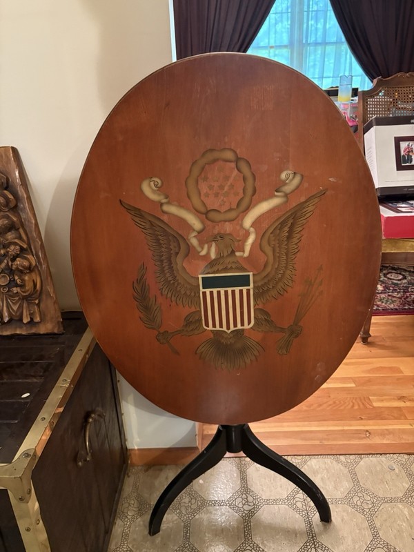 Matching Pair of Vintage Oval Tilt Top Tables with American Eagle Inlay