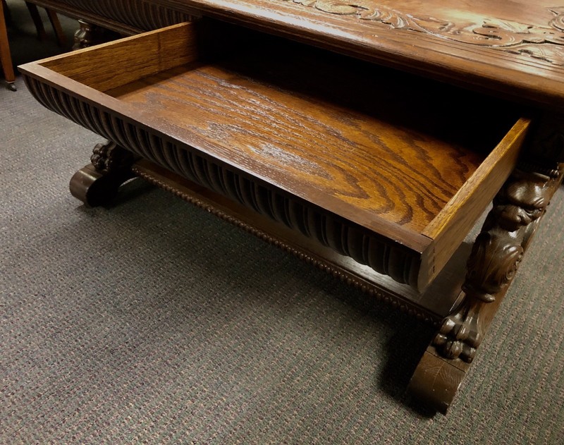 VICTORIAN HORNER GRIFFIN LIBRARY PARTNERS TABLE C.1880, QUARTER SAWN TIGER OAK gallery