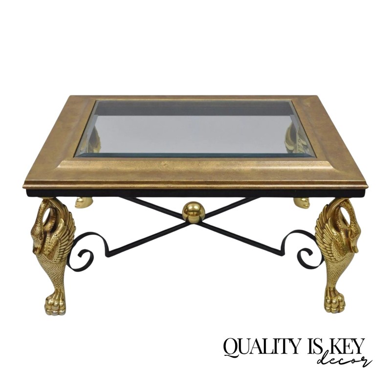 Regency Style Figural Swan Base Rectangular Iron and Glass Gold Coffee Table (A)