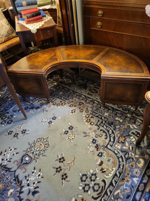 1900s Antique Weiman Heirloom Coffee Table Half Circle Wood & Leather Top Patina