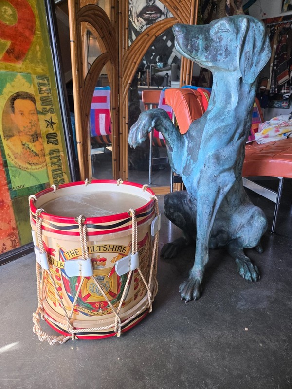 DECORATIVE ENGLISH WOODEN AND BRASS REGIMENT DRUM PERFECT AS A SMALL TABLE