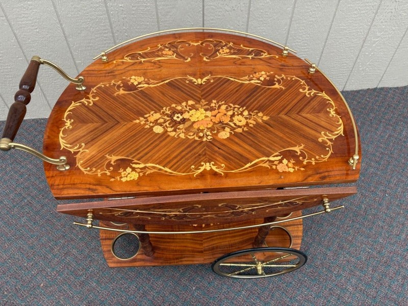 67588 Italian Inlaid Wood Tea Cart with Floral Marquetry and Brass Accents gallery