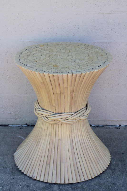Authentic Signed McGuire Sculptural Rattan Sheaf of Wheat Dining Table Base gallery